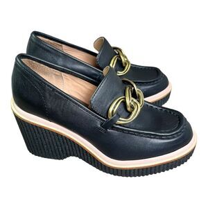 DOLCE VITA Women's Brenan Wedges Black Leather Chain Loafer Sz 6.5 Platform